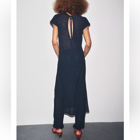 Zara 2 pieces Wrinkle Effect Fine Knit Midi Dress w/Matching Pants Navy Blue NWT - Picture 6 of 16